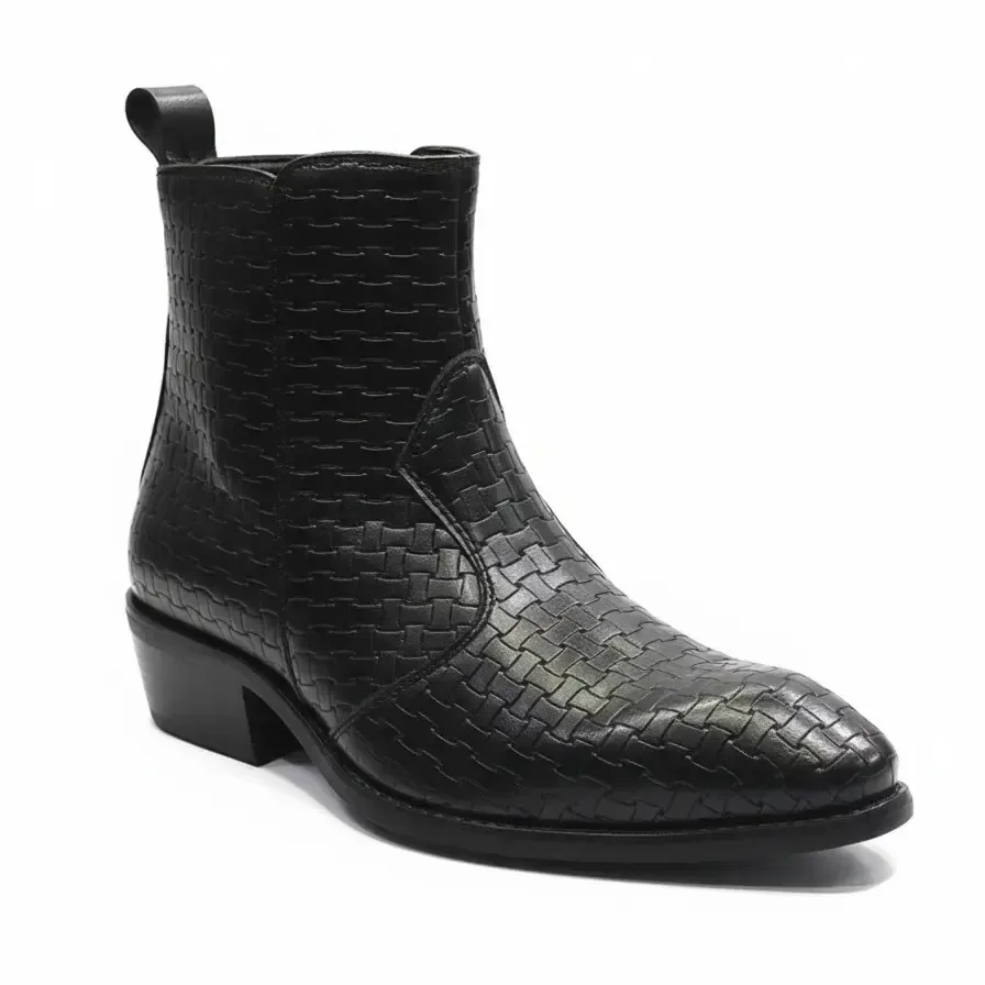 Woven Zip Boot Black — Woven-texture zip boot
